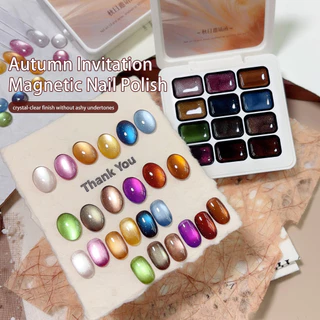 XEIJAYI - Caramel and blue shimmering cat-eye gel nail polish, long-lasting and glossy, 12-color set.