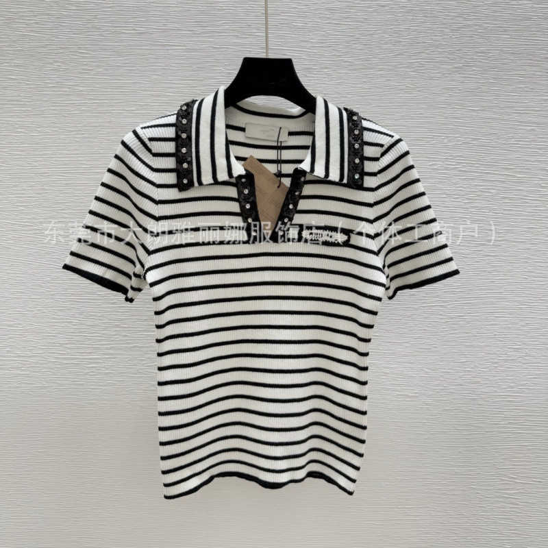 2YXV MI*U 25Summer New Turn-down Collar Beaded Striped Fashion Color-blocking Short Sleeve