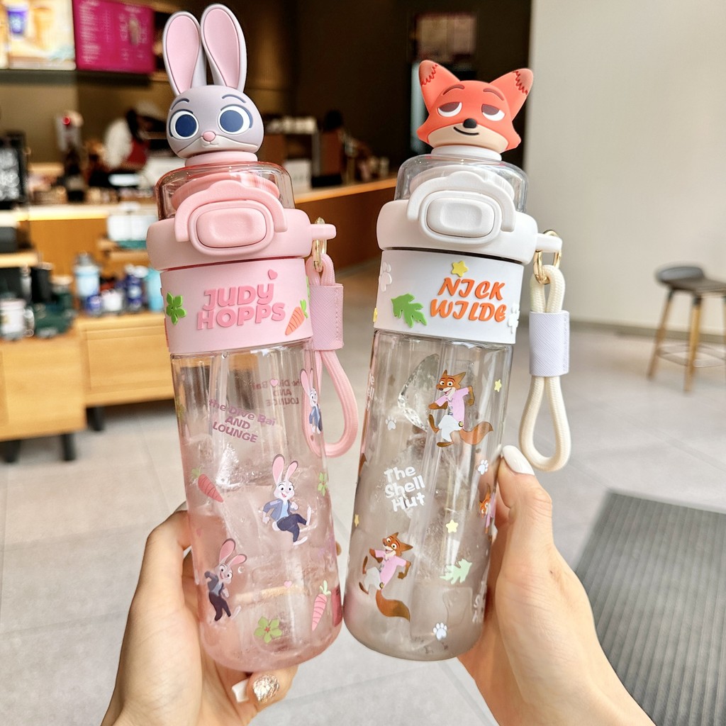 Zootopia Judy Nick tritan การ์ตูนเด็กนักเรียน Crazy Animal City แบบพกพาหลอดพลาสติกถ้วยชาถ้วยน้ําฟาง Judy