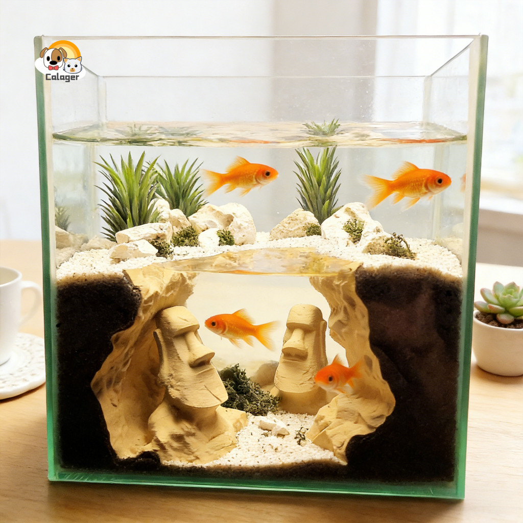 [Calager] อุโมงค์ตู้ปลา Betta ถ้ําปลา Aquarium Cave อุโมงค์เกาะอีสเตอร์ Moai รูปปั้นใต้กรวด Hideout 