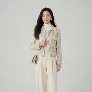 เสื้อทวิตแขนยาว เสื้อคลุมเกาหลี Tweed Jacket มีไซส์ S-5XL แต่งกระเป๋าหน้า สีครีมน้ำตาล เรียบหรูดูดี สไตล์เกาหลี