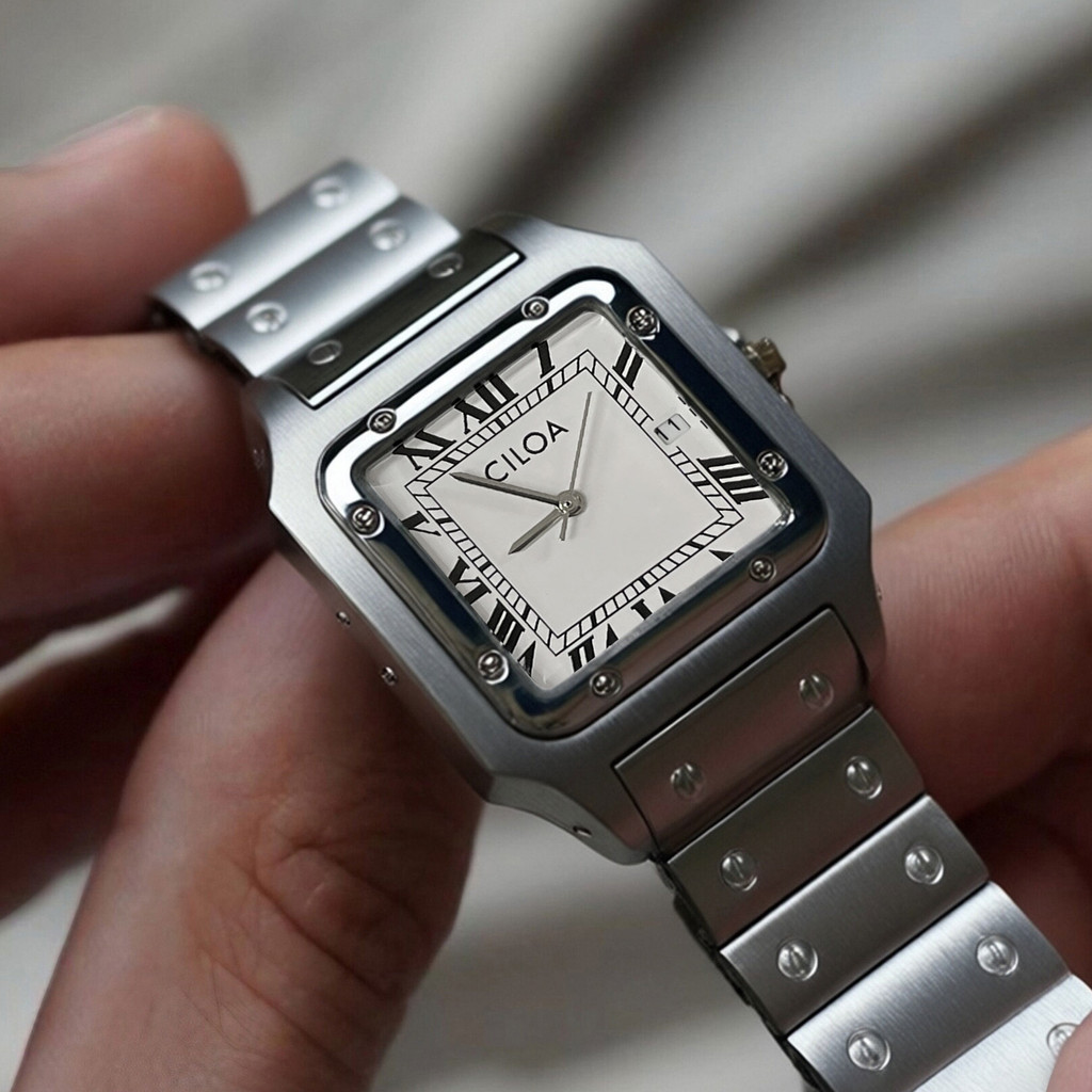 CILOA-Retro Square Plate Ceiling Stainless Steel Rivet Strap Watch Roman Scale Light Luxury Mens Watch-539
