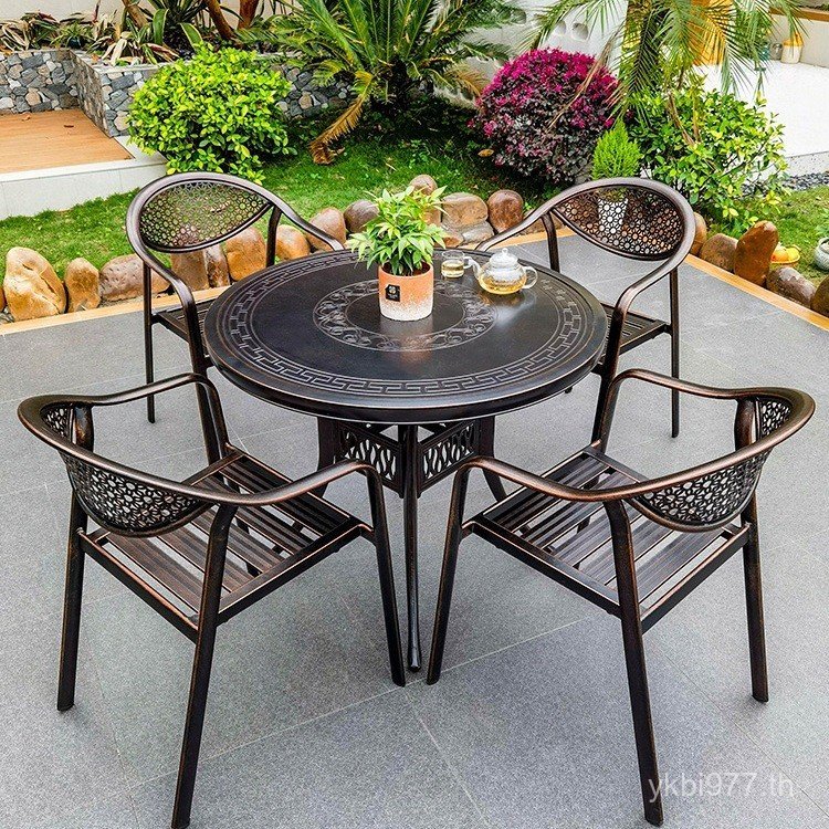 กลางแจ้ง Villa Cast อลูมิเนียมตารางเก้าอี้ Leisure Terrace Courtyard ตารางอลูมิเนียม Iron Art สวนกลา
