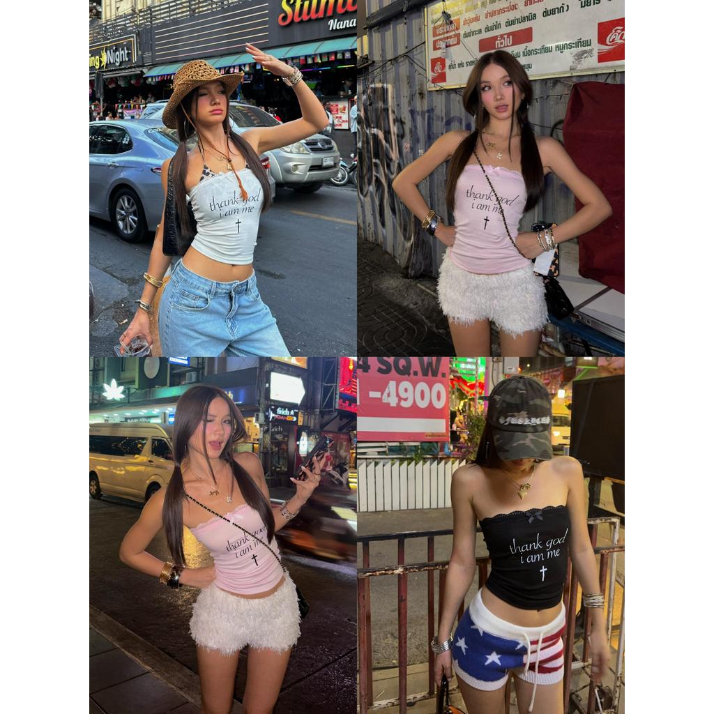 เกาะอก Denim tube top KKSHOP ท็อบยี2คি พริ้นต์ลายอักษรและงานปักลูกไม้ สไตล์หวานซ่อนเปรี้ยว สำหรับหน้