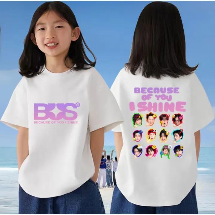 【Joy COD】ผลิตภัณฑ์ใหม่ BUS because of you i shine เสื้อยืดเด็ก ส่งจากไทย สไตล์เกาหลี 4 ขวบ-14 ขวบ คอ
