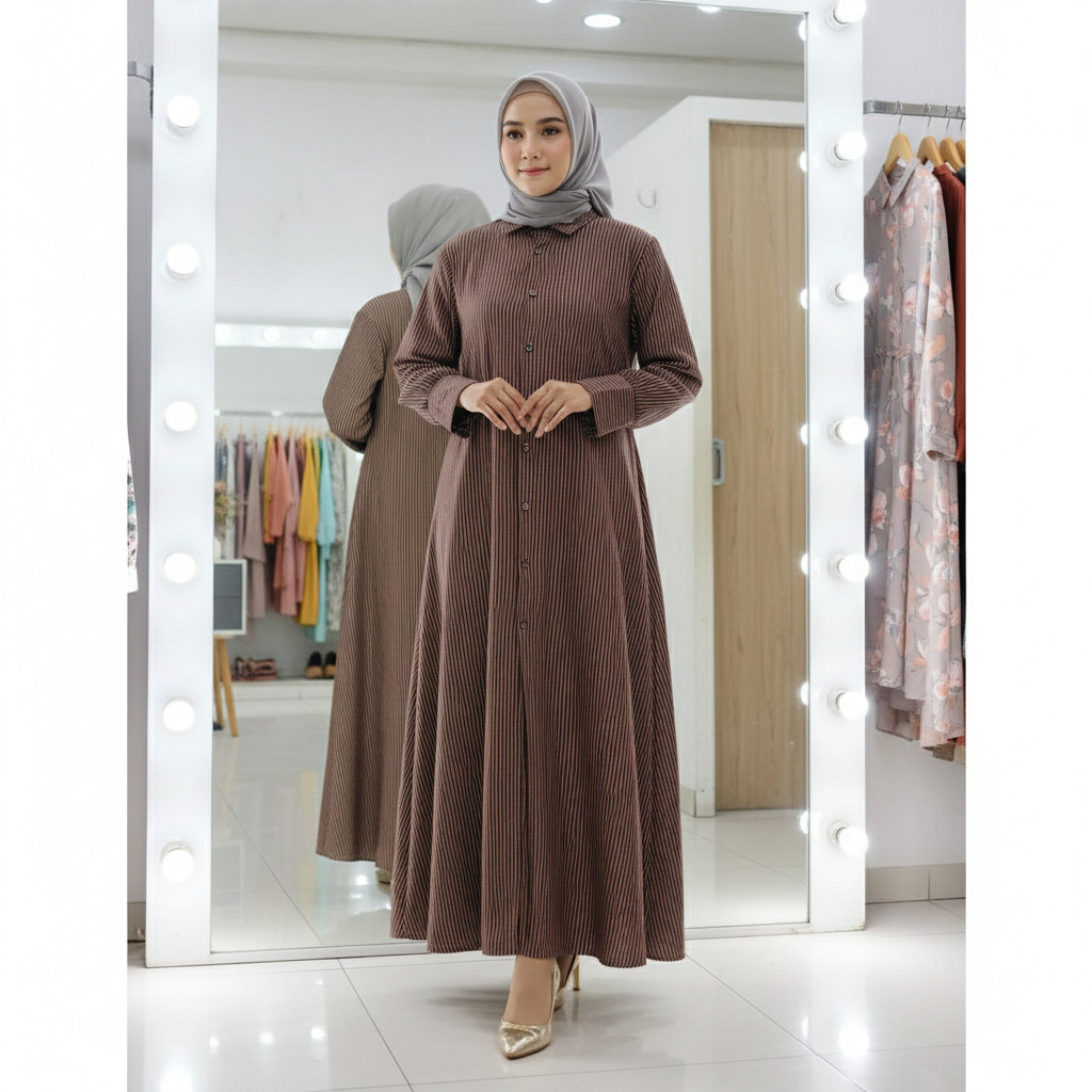 Tq88indonesia Womens Full Button Gamis / Emma Dress Striped Muslimah Gamis / Modern Casual Gamis