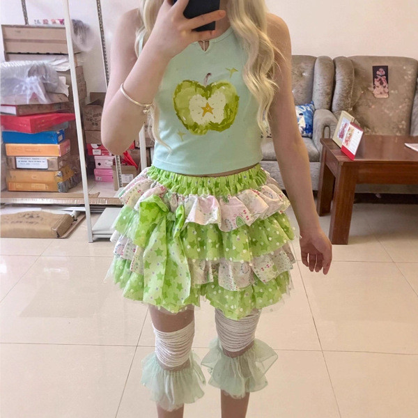 กางเกงขาสั้นสบาย cicishop1 Korean shorts กระโปรงเค้กสไตล์ยุค 90 ลายดอกไม้กรีน dopamine สำหรับฤดูร้อน