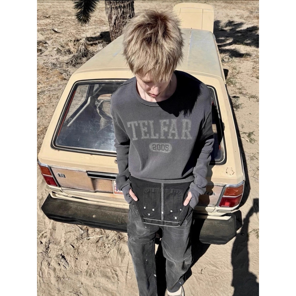 YYXR TELFAR Washed Vintage Street Style vintage Style Waffle Long Sleeve cortis