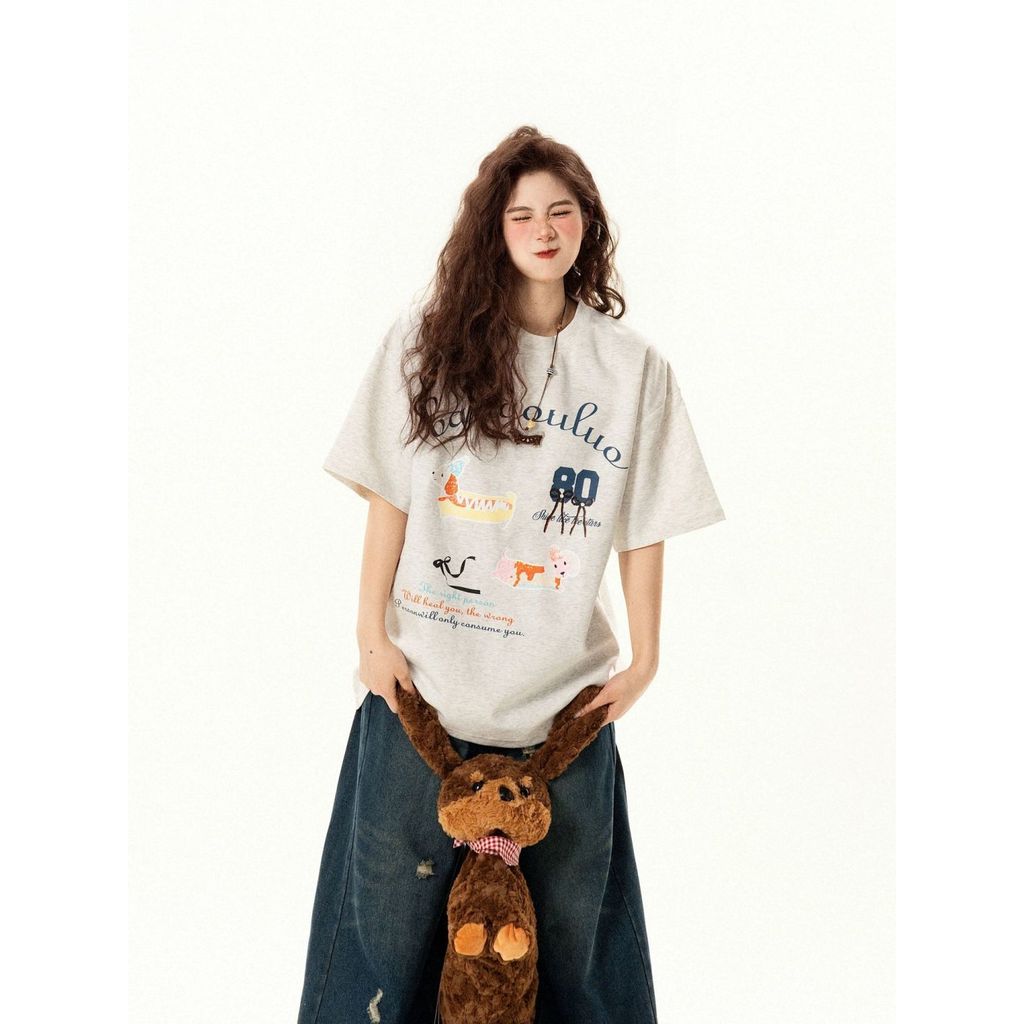 เสื้อยืดผู้หญิงแขนสั้น-printลายรอบคอ ทำจากผ้าฝ้าย100% สไตล์เกาหลีคล่องตัว trendใหม่ COD 7LCP