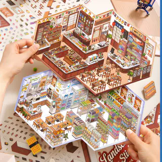 KOWEI 5 ชิ้น [ชุดการจัดการร้านค้า] 3D ขนาดใหญ่กันน้ําสติกเกอร์ภูมิทัศน์เวลาร้านสะดวกซื้อ Dreamy ร้านอาหารญี่ปุ่น Kawaii การ์ตูน Scrapbooking DIY Journal Planner อุปกรณ์