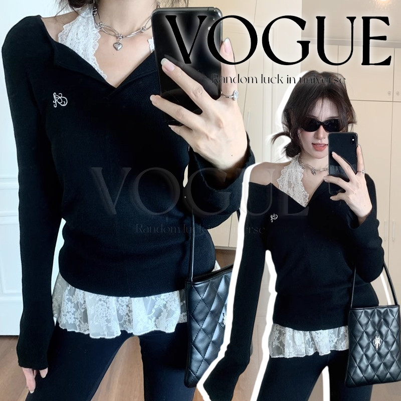 Vogue🌟พร้อมส่ง🌟 เสื้อสายเดี่ยวคล้องคอแขนยาวคอวี ทรงเข้ารูป ผู้หญิงสไตล์เซ็กซี่ (FY372)