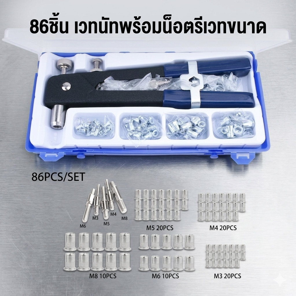 86ชิ้น เวทนัทพร้อมน็อตรีเวทขนาดM3-M8 Rivet Hand Riveting Kit NUTS เกลียวและ Rivet GunTool Rivnut Nutsert ชุดหมุด