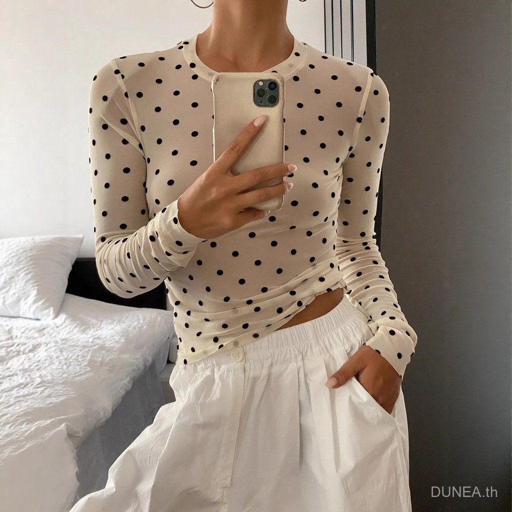 DUNEA Womens Polka Dot Mesh See-Through Base Top