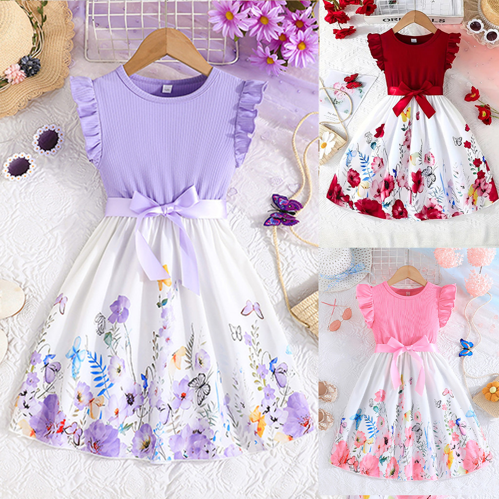 ส่งจากไทย ชุดเดรสเด็กผู้หญิง 4 ถึง 10 ขวบ แขนสั้น ลายดอกไม้ผีเสื้อ มีเข็มขัดตกแต่งถอดได้ สีม่วง สีแดงเข้ม สีน้ำเงิน ชุดเดรส เดรส ชุดเด็ก สำหรับวันเกิด งานเลี้ยง ตรุษจีน
