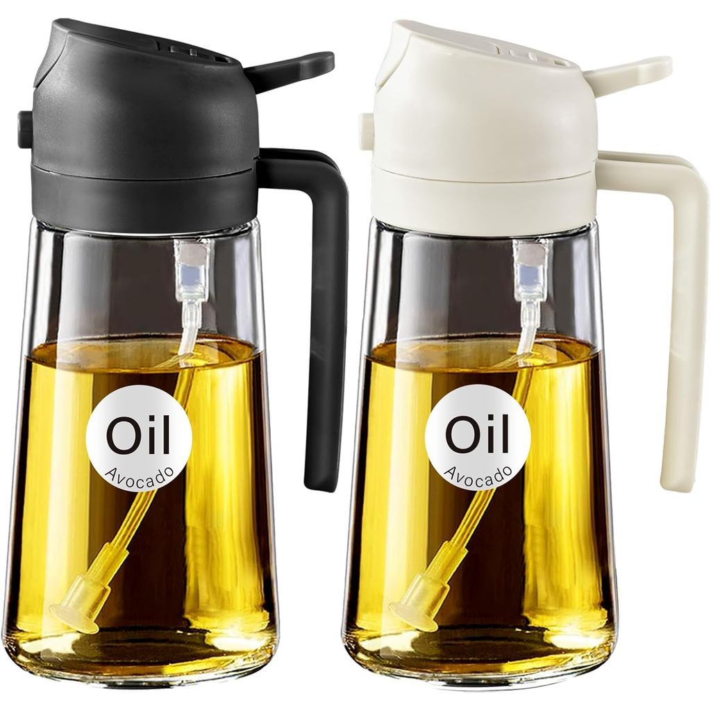 YARRAMATE 2Pcs 16oz/470ml 2 in 1 Oil Sprayer for Cooking with Stickers, Food-grade Glass Oil Spray B