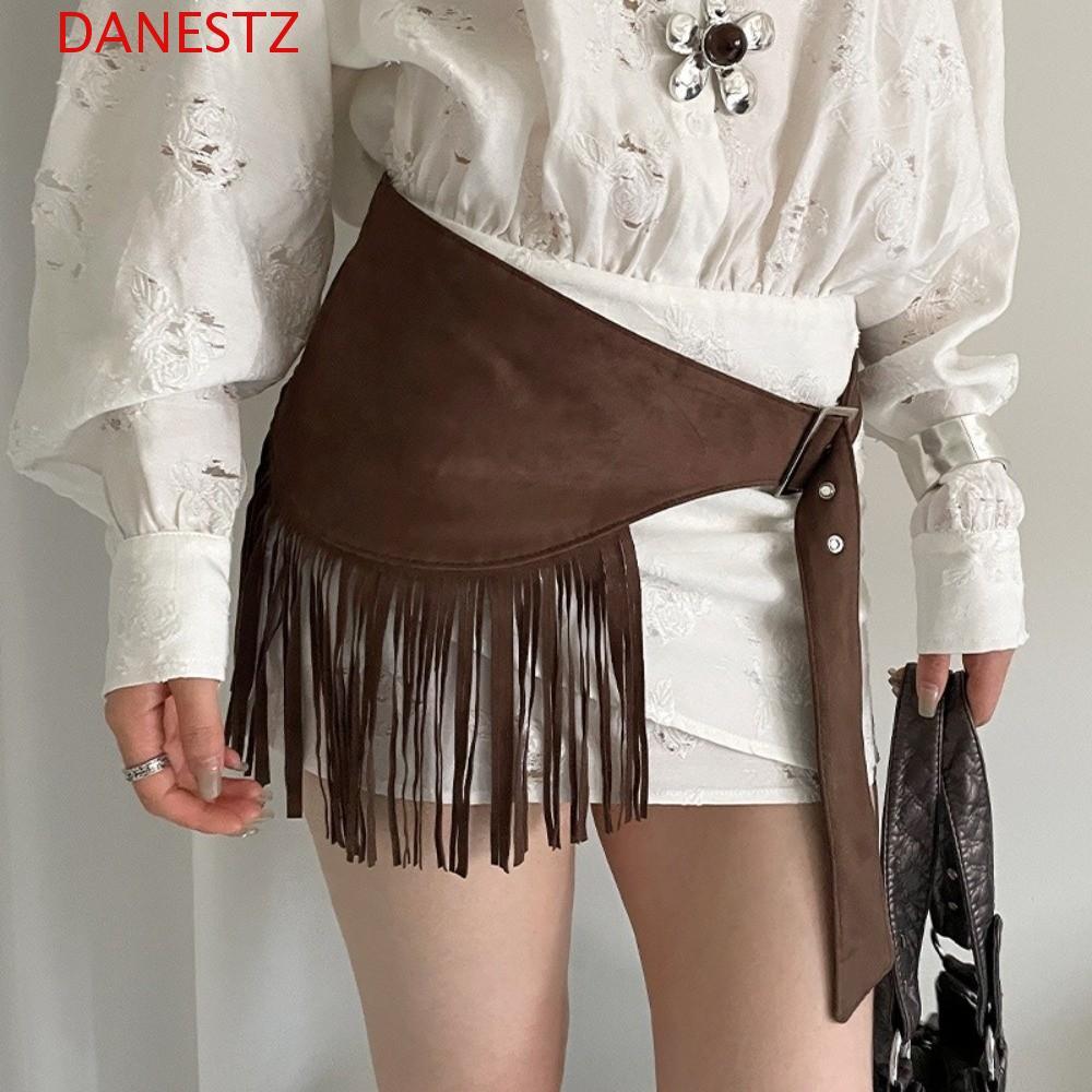 DANESTZ กระโปรง-mini สไตล์คาวบอยหรูหรา สีทึบ ก้นผ้าม่านทรงสามเหลี่ยม Y2K