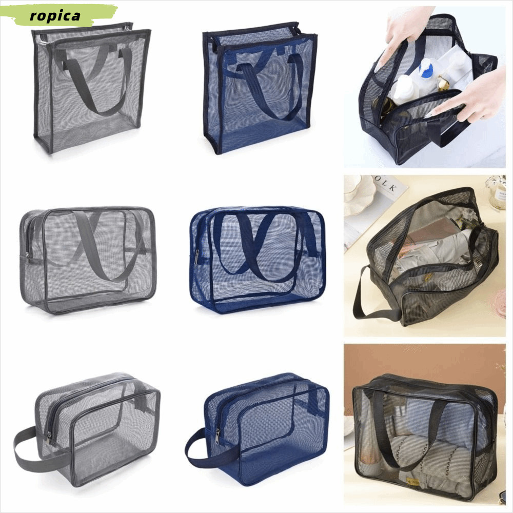 ROPICA ถุงตาข่ายอาบน้ํา, Beach Quick Dry Handhold Storage Bag, Portable Mesh Grey Blue Folding Bathroom Carry Tote Bath Organizer