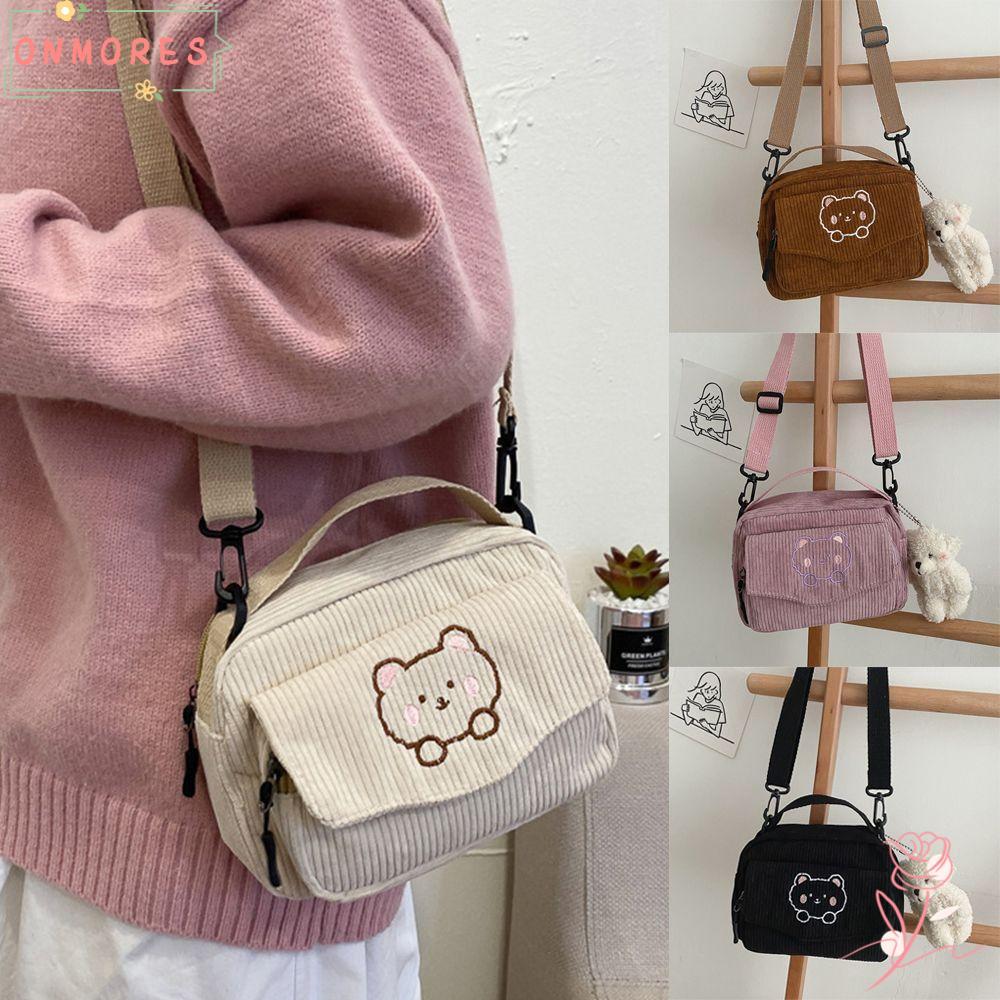 ONMORES Messenger Bag Fashion Corduroy Cartoon Bear Print Student Totes