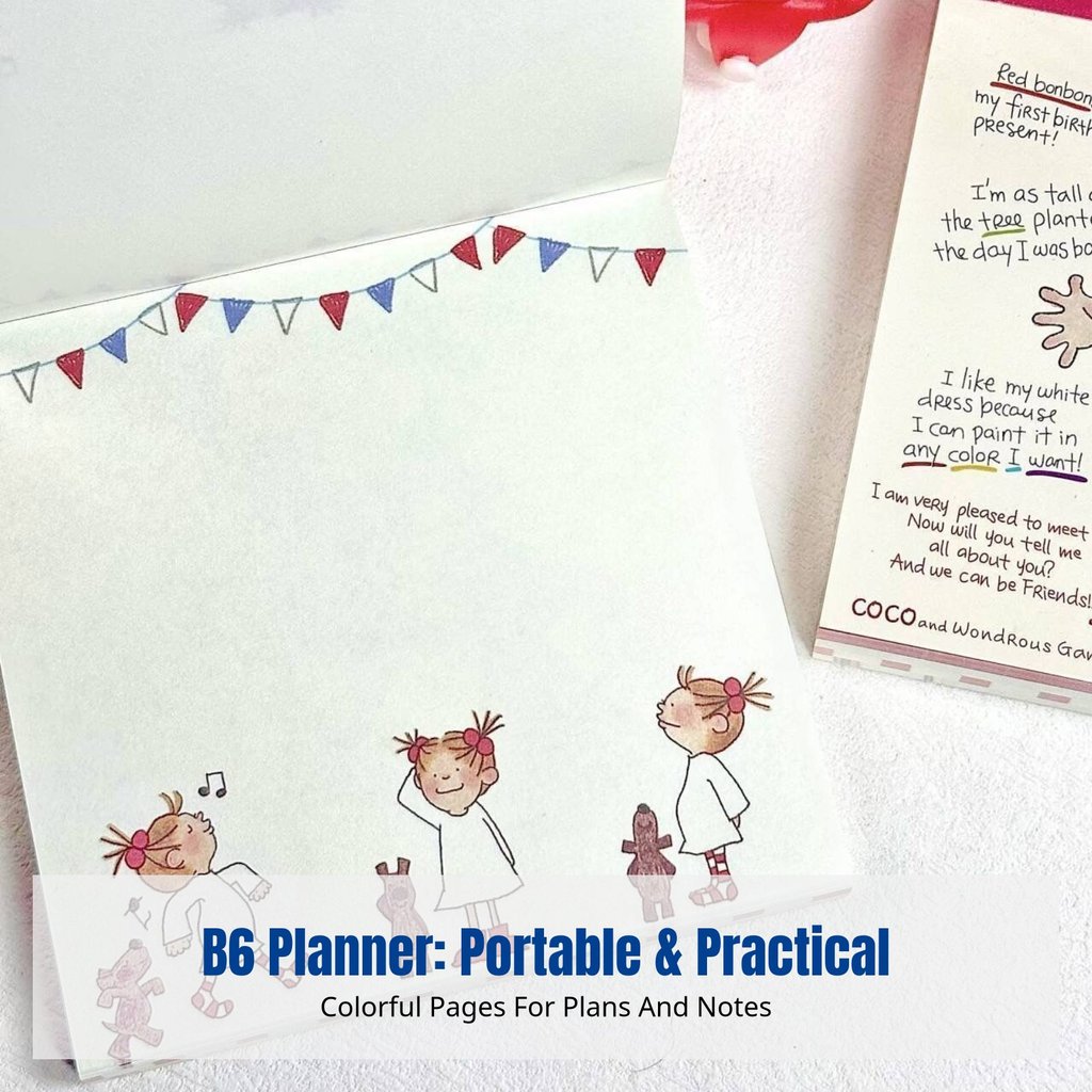 B6 Girls Planner, 2025 Schedule Journal, หน้าสีสันสดใส, การออกแบบการ์ตูนที่วาดด้วยมือ
