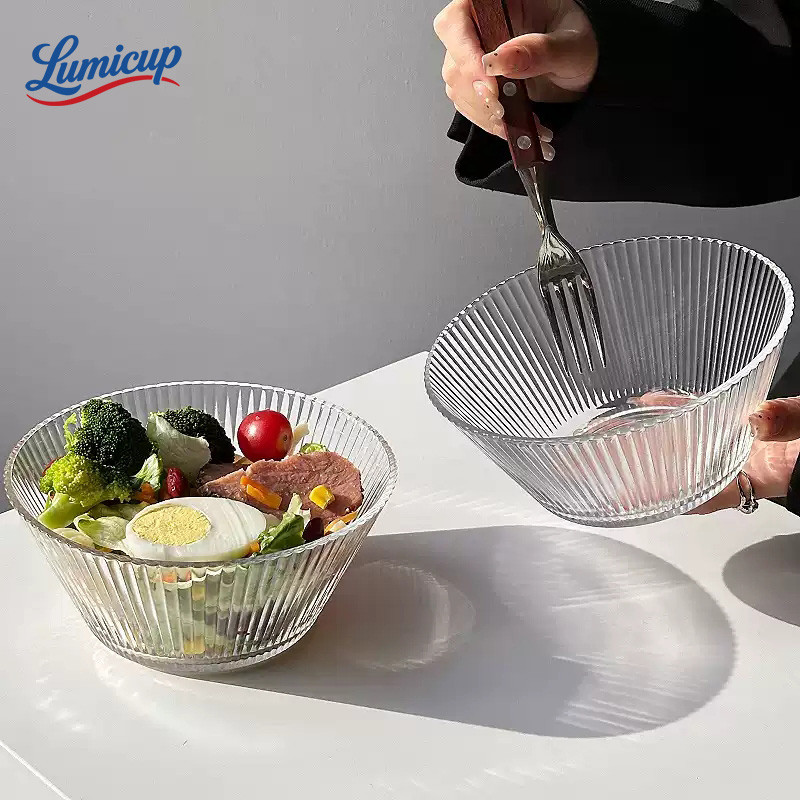 ชามแก้วใสลายริ้ว สไตล์มินิมอล | ชามสลัด ชามผลไม้ ทนความร้อน ใช้งานอเนกประสงค์ ดีไซน์หรู