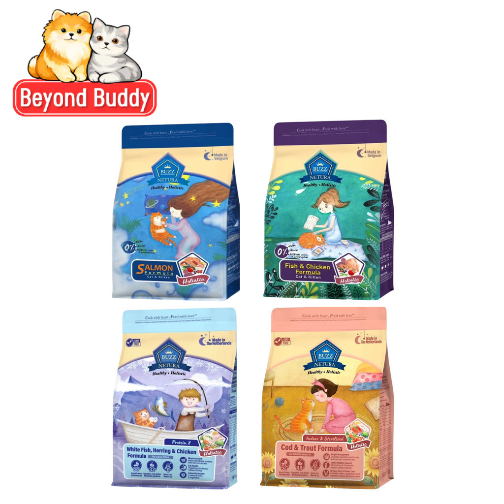 Buzz Netura - อาหารแมวเม็ด บัซซ์ เนทูร่า เกรนฟรี เม็ดแมว ปลาและไก่ แซลม่อน สูตรProtein X ถุง 1kg