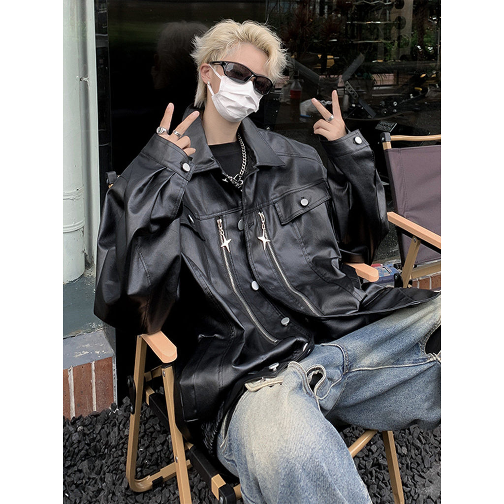 High-End Feeling Street Ruffian หล่อหนังสีดําเสื้อแจ็คเก็ตผู้ชาย Country Street สวมใส่ High-End ทอด 