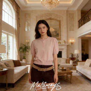 MALIMAY Macaron knit top Short Sleeve Cardigan การ์ดิแกนสั้นแขนตุ๊กต ผ้าถักนุ่ม 3สี ดีไซน์ปุ่มหน้า สไตล์วินเทจสบายๆ Q8