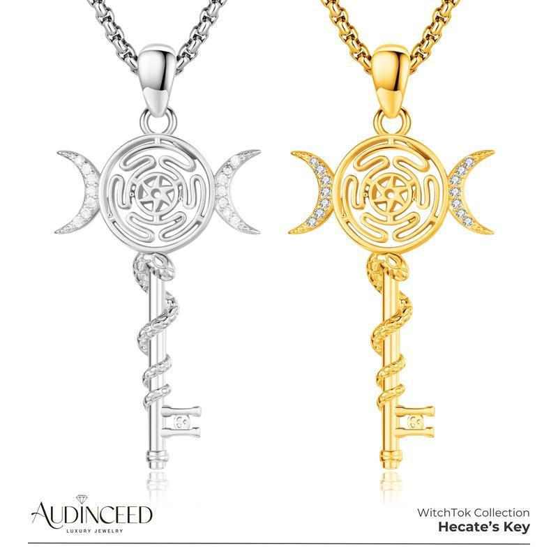 Audiceed Hecates Key S925 Sterling Silver Moonstone Necklace, Witchtok Collection, Hekate Triple Moo