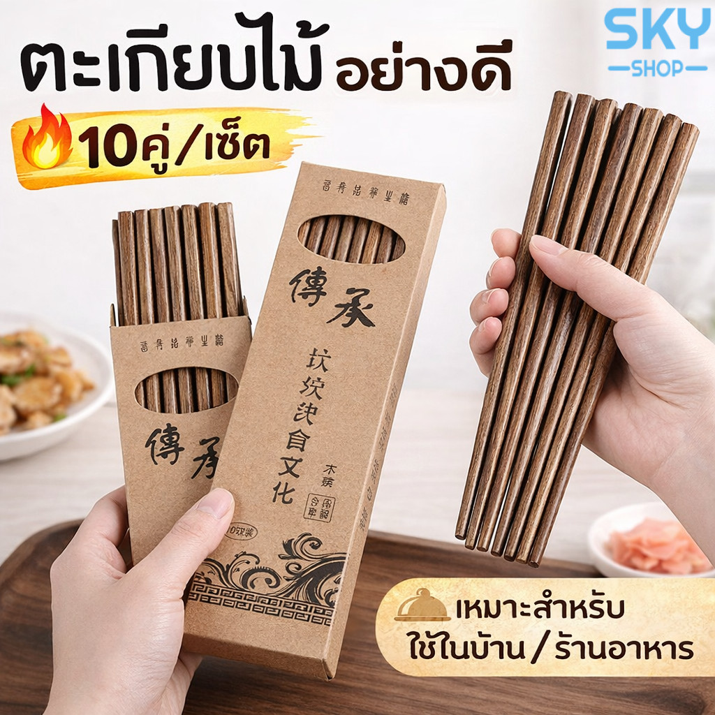 SKY ตะเกียบ ตะเกียบไม้ 25cm. 10 คู่ ใช้ซ้ำได้ ตะเกียบไม้อย่างดี ตะเกียบไม้ทำอาหาร ทานอาหาร หม่าล่า ชาบู Chopsticks