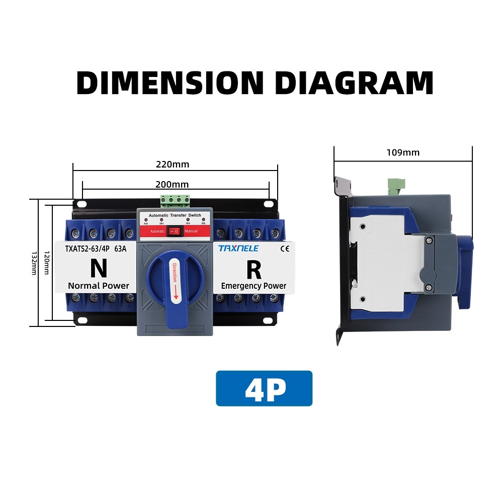 Taxnele ATS 2P 4P 63A 230V Circuit Breaker Dual Power Automatic Transfer Switch สวิตช์อัตโนมัติ - รูปที่ 2