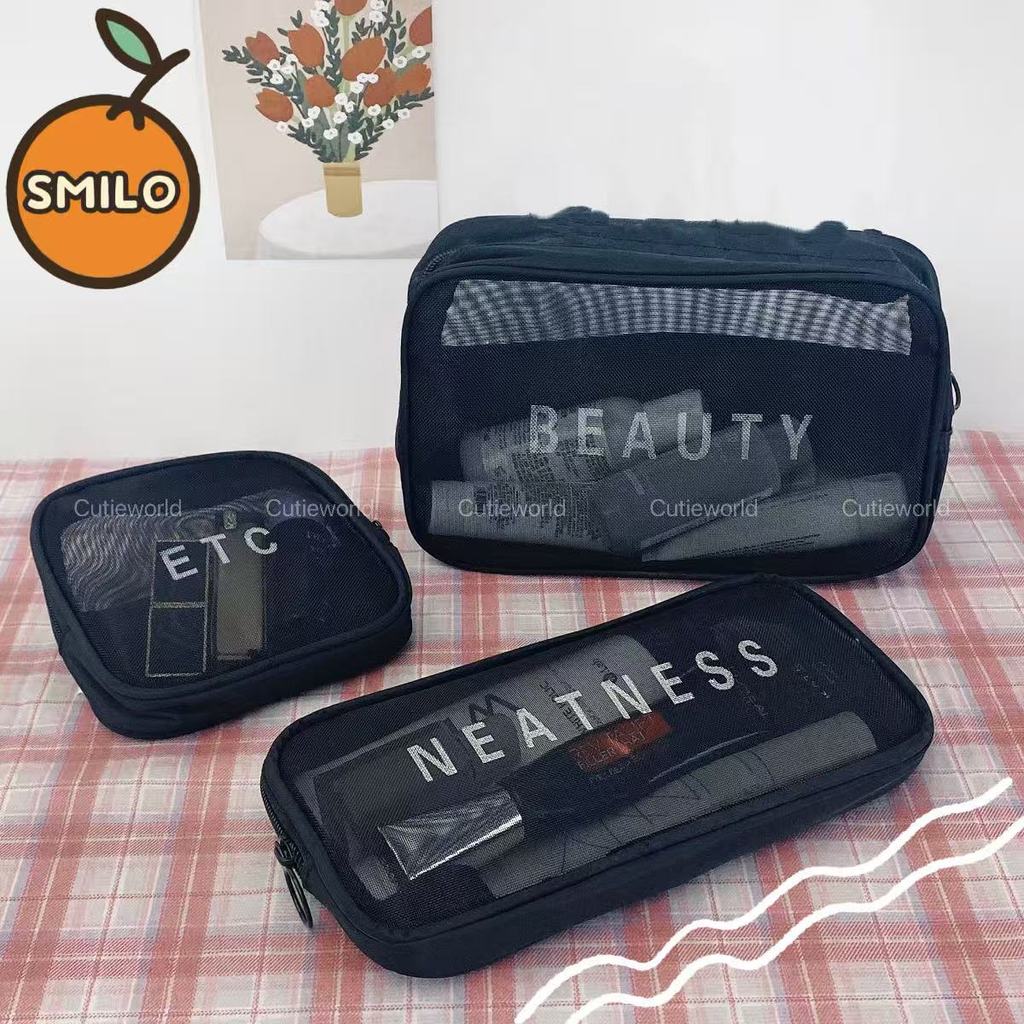 SMILO กระเป๋าเครื่องสำอางค์ กระเป๋าผ้าตาข่าย สำหรับเดินทาง ความจุสูง แบบพกพา จุของได้เยอะ