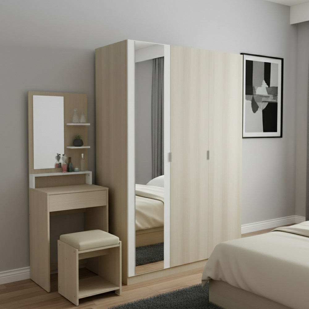 Furinbox ตู้เสื้อผ้า 3 บาน พร้อมกระจก รุ่นแชมป์ ขนาด 120 ซม. - สีไลท์ วู้ด/ขาว