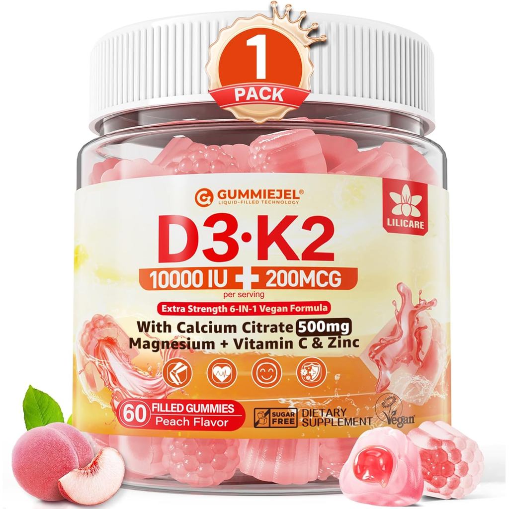 วิตามินดี3 K2 Gummies 5000IU / 10,000 IU พร้อมแคลเซียม 500 มก. + K2(MK-7) 200mcg,, Vitamin C & Zinc,