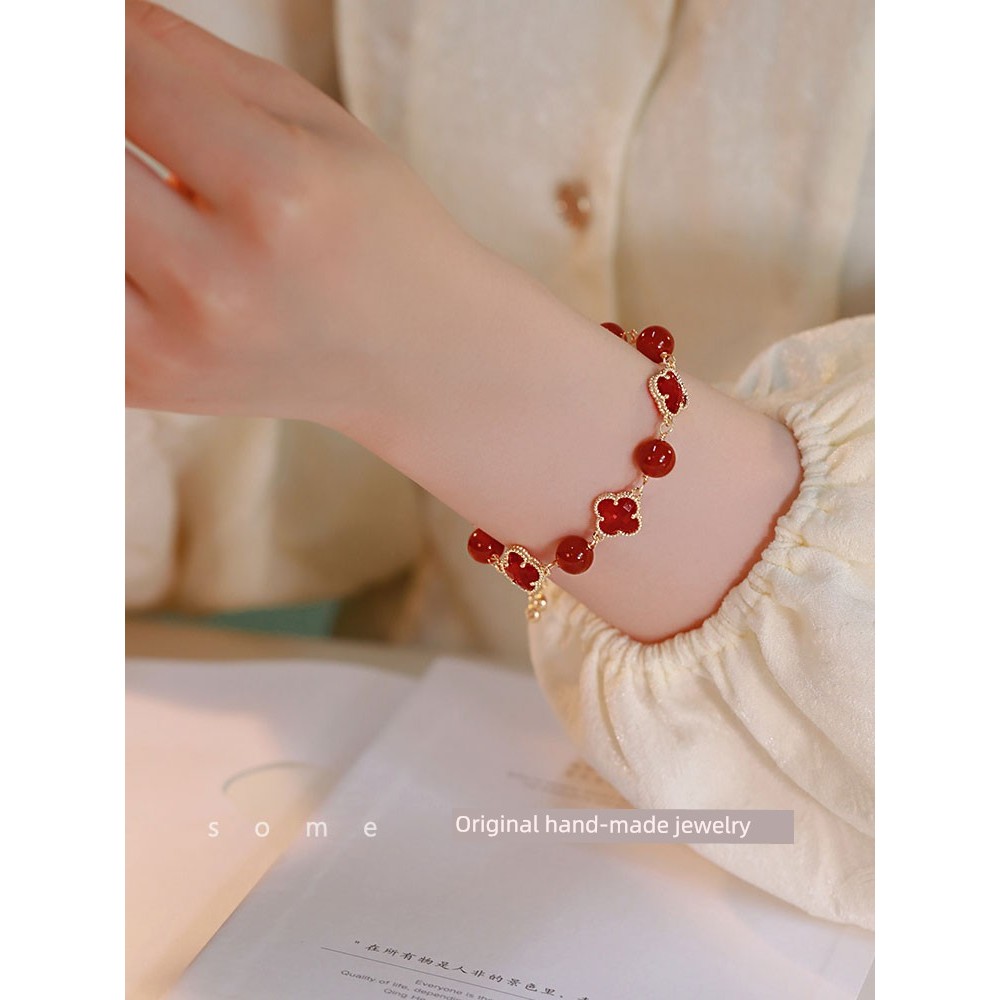 coquette bracelet กําไลข้อมือ Ins Red Agate Girls High-End Lucky Four-Leaf Clover