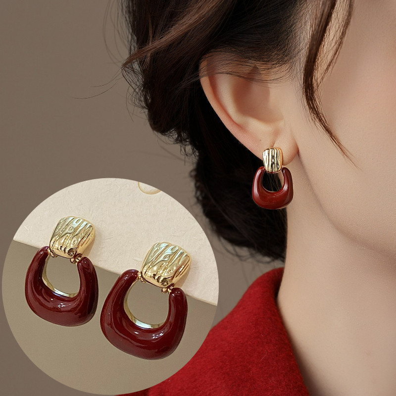 ต่างหูแฟชั่นทรงเหลี่ยมVintageสีแดง แบบDangle อุปกรณ์เครื่องประดับสำหรับผู้หญิง