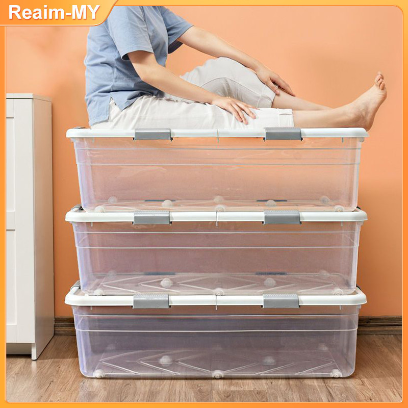 80L!!! Under Bed Storage Box With Wheels Lid Stackabe Sliding Shoe Blankets Bedding Organizer Kotak