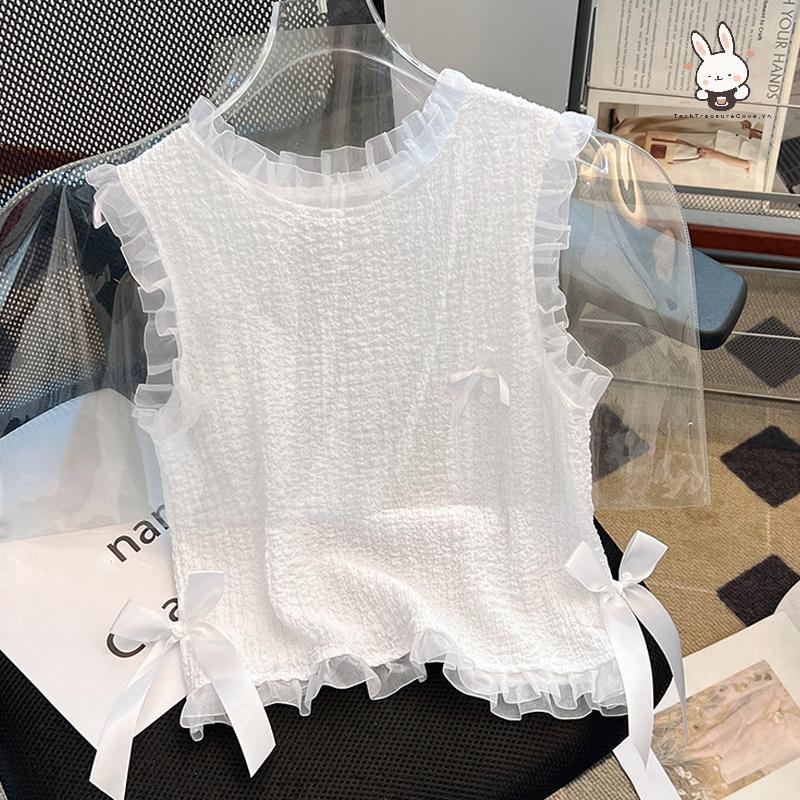 [Teh] 2025 ฤดูร้อนแขนกุดรอบคอลูกไม้ Bowknot Slim Vest ผู้หญิง All-match สีทึบ Tops [VN]