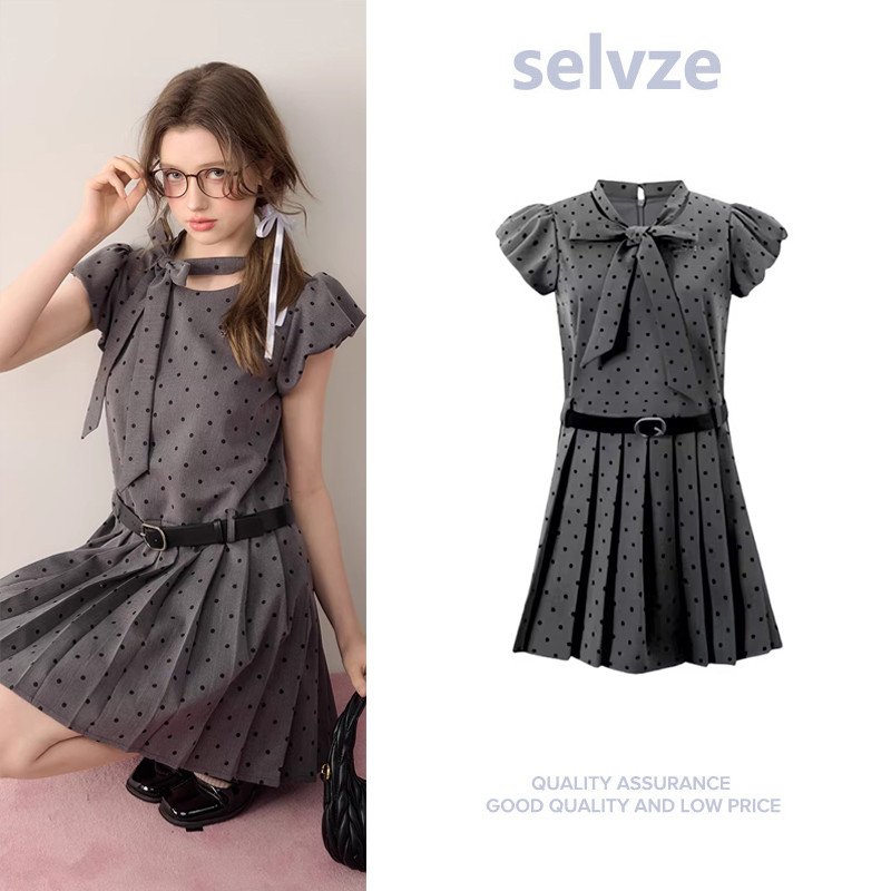 Selvze ชุดเกาหลี กระโปรงจีบ เดรส สไตล์เกาหลี เดรสสตรี สไตล์หวานสดใส KU-DBGL0011-DarkGra
