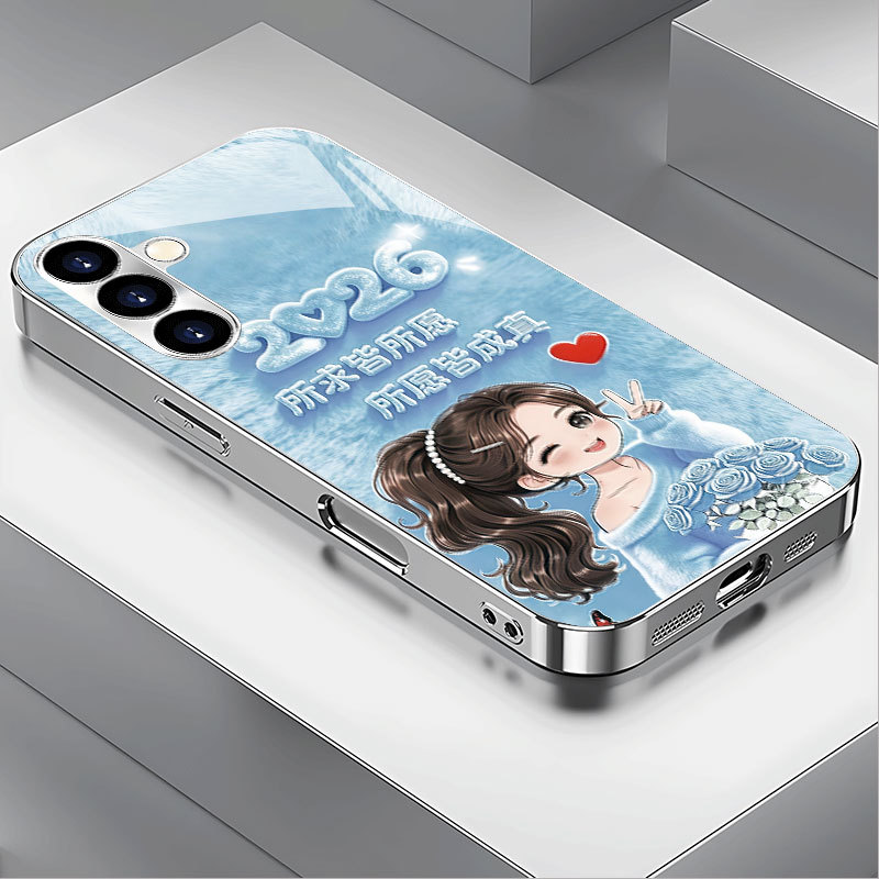 น่ารักสาวรูปแบบElectroplatingเงินแก้วเคสโทรศัพท์เหมาะสําหรับSamsung Galaxy s25/24/23/22/21/20/a70/56/55/54/53/52/36/35/33/26/a25/24/23/20/16/15/14/130/14/130/120 FLE FE/20 FLE FE/20 FLE FEG ULTRAF