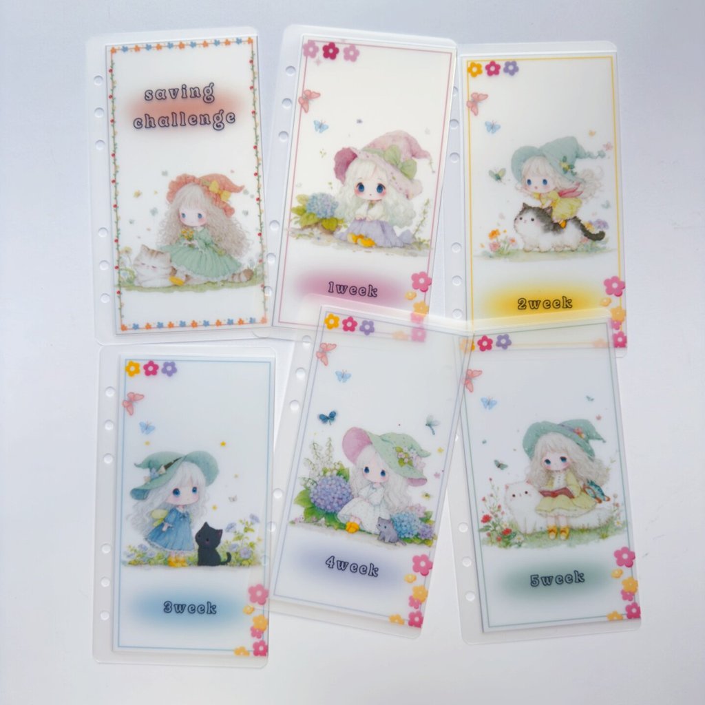 A6 Money Bag Cartoon Witch Transparent Money Challenge Saving Loose-leaf Weekly Build-in A6 Bag