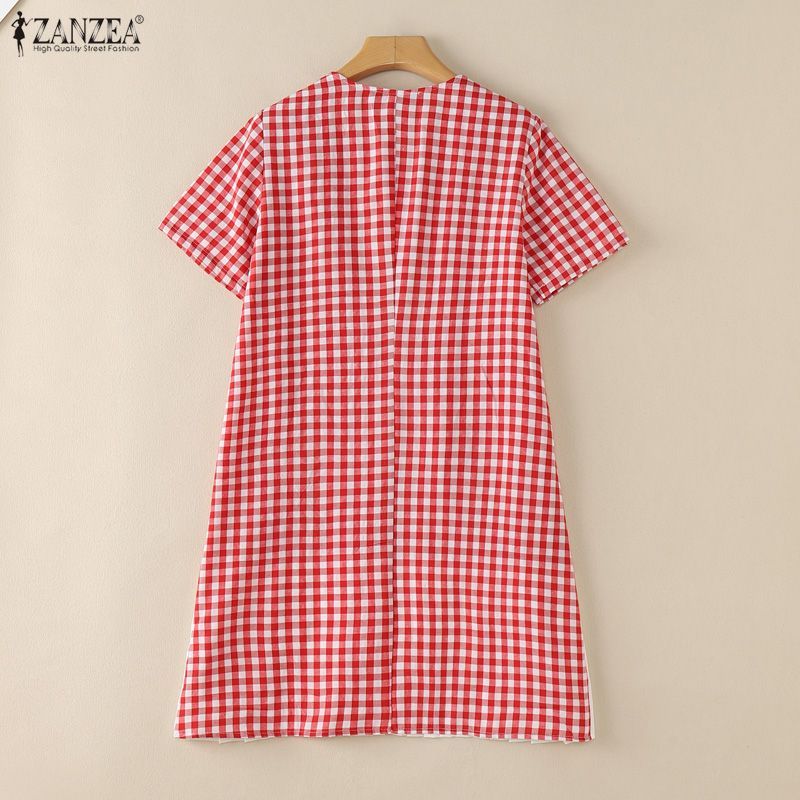 ZANZEA กระโปรง A-line สไตล์เกาหลีเรโทร chic ลายตารางเช็กเกอร์ แขนสั้น pleating splicing — صورة 8