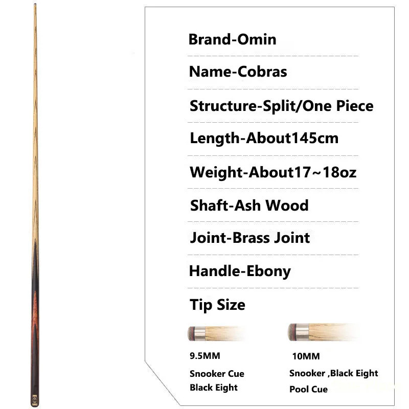 2023มาใหม่Omin Cobrasสนุ๊กเกอร์Cue Stick One Piece 9.5/10 มม.ขนาดปลาย Ash Shaft Ebony Handleกับสนุ๊ก