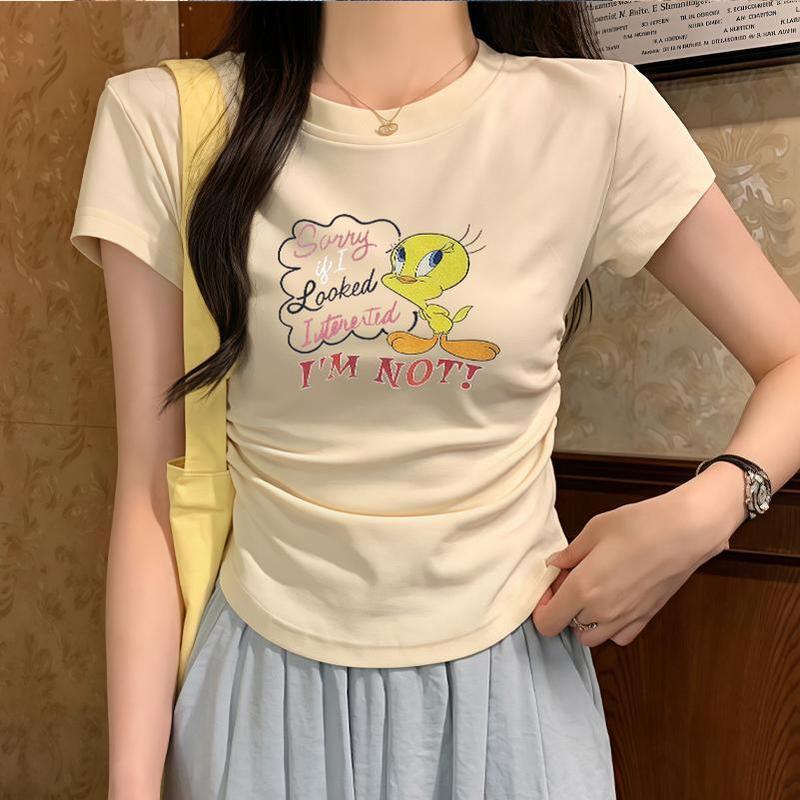 เสื้อยืดผู้หญิงสไตล์สตรีทแฟชั่น พิมพ์ลายตัวอักษรการ์ตูน แขนสั้น ผ้าฝ้ายแท้