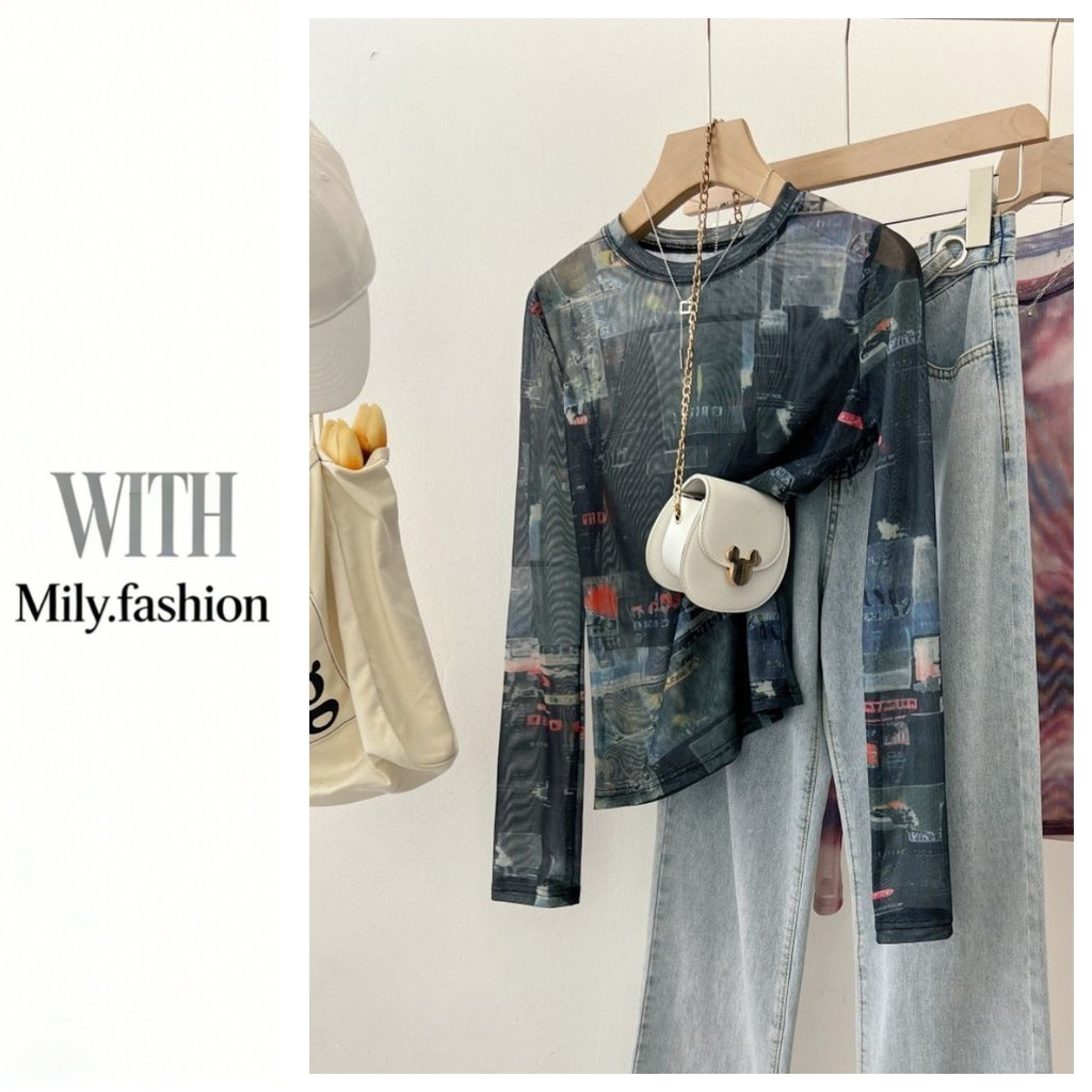 Milyfashion Tie-Dye เสื้อยืดแขนยาวผู้หญิง Slim-fit Slimmer ดูครีมกันแดด B