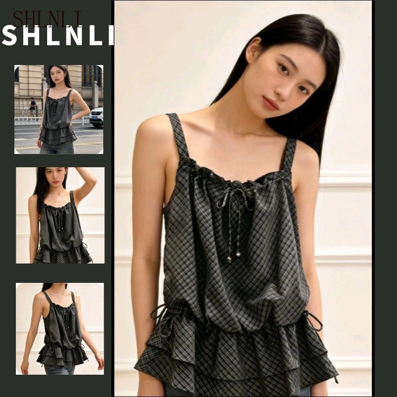Camisole Vest ผู้หญิง สองเลเยอร์ ลายสก๊อต สไตล์สมาร์ท พร้อมสายคล้อง.Drawstring ผูก สlim fit สำหรับฤดูใบไม้ผลิและฤดูร้อน