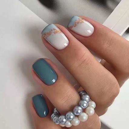 Spot Goods#Fresh sea blue solid color manicure, European and American style, short square fake nails