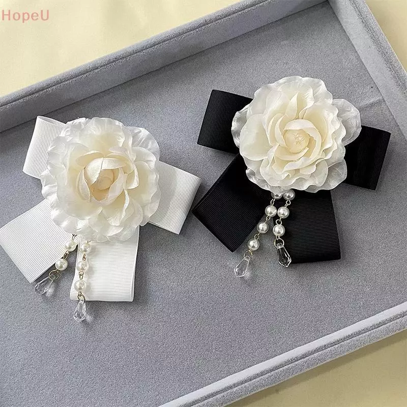 [HopeU] เข็มกลัดดอกไม้ Camellia แบบแฮนด์เมด อัญมณีไข่มุกและBow tie เครื่องประดับสำหรับคอและเสื้อ