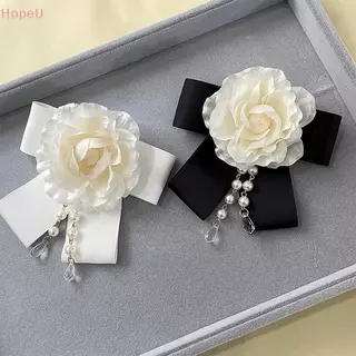 [HopeU] เข็มกลัดดอกไม้ Camellia แบบแฮนด์เมด อัญมณีไข่มุกและBow tie เครื่องประดับสำหรับคอและเสื้อ