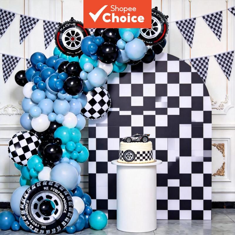 117pcs Racing Theme บอลลูน Garland Arch ชุด,สีฟ้าสีดํายาง Checkered ธงฟอยล์เด็กวันเกิด Baby Shower รถ Party