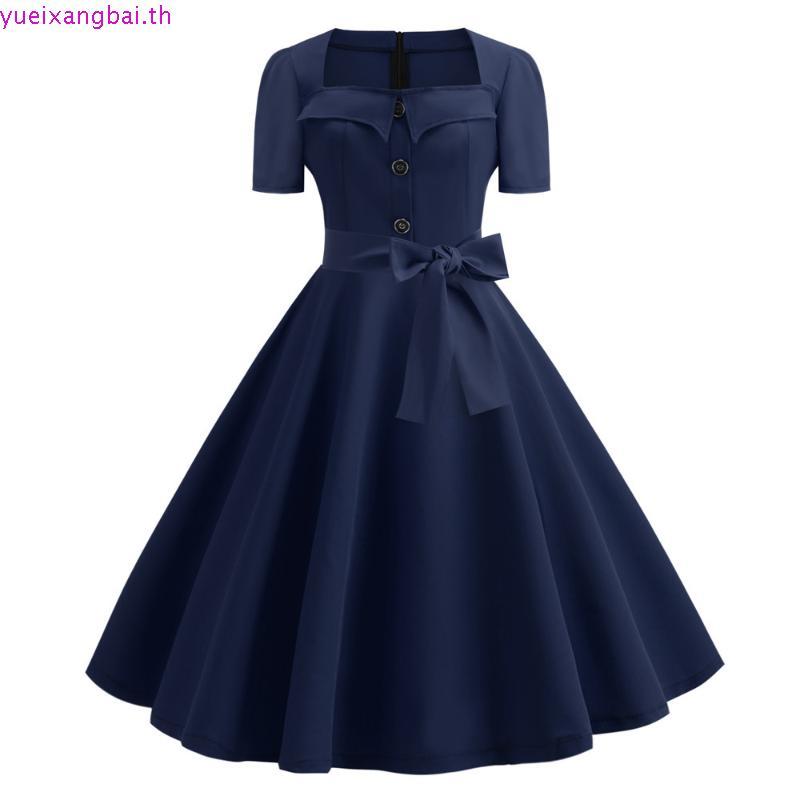 [MMC] ชุดเดรสแขนสั้น คอสี่เหลี่ยม พิมพ์ลายจุด 1950s แต่งโบว์ สไตล์เรโทร สําหรับผู้หญิง